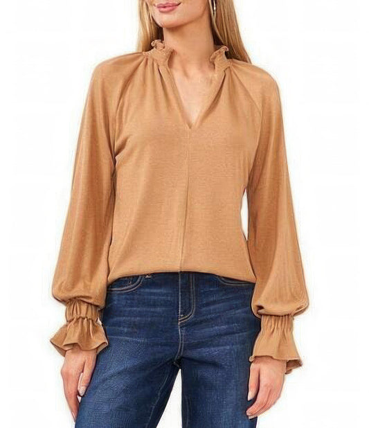 Vince Camuto Women's Split-Neck Smocked Sweater  Color Wild Oak Size 2XS