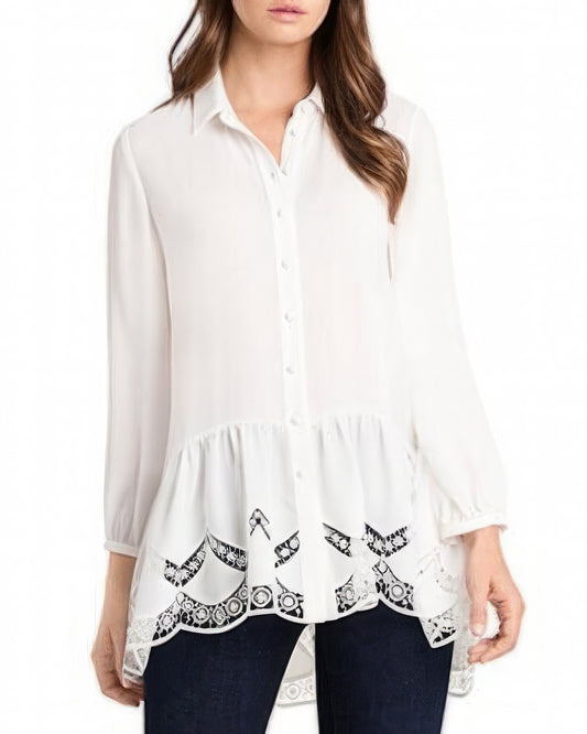 Vince Camuto Solid Lace-Trimmed Button-Down Tunic Blouse  Color New Ivory Size M