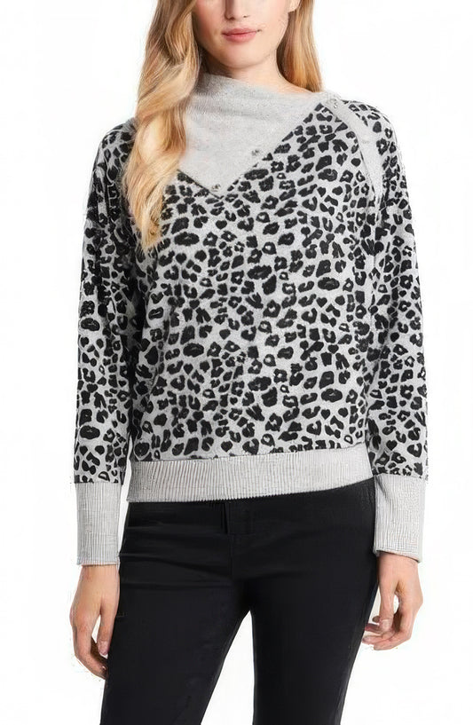 Vince Camuto Women's Leopard Jacquard Print Sweatshirt Color Silver-Tone Heather Size M