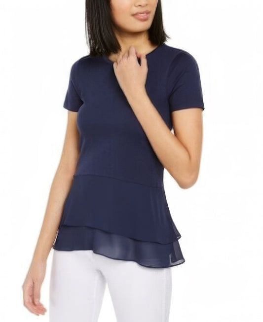 Michael Kors Women's Petites Lace-Hem Top  Color Navy Size PXS