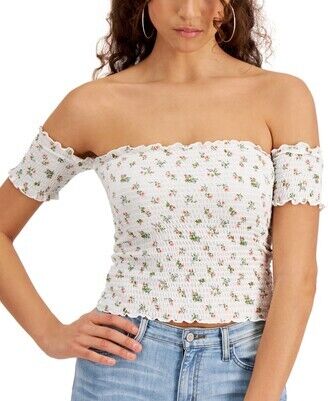 Crave Fame Juniors Smocked Off-The-Shoulder Crop Top  Color Ivory Combo Size S