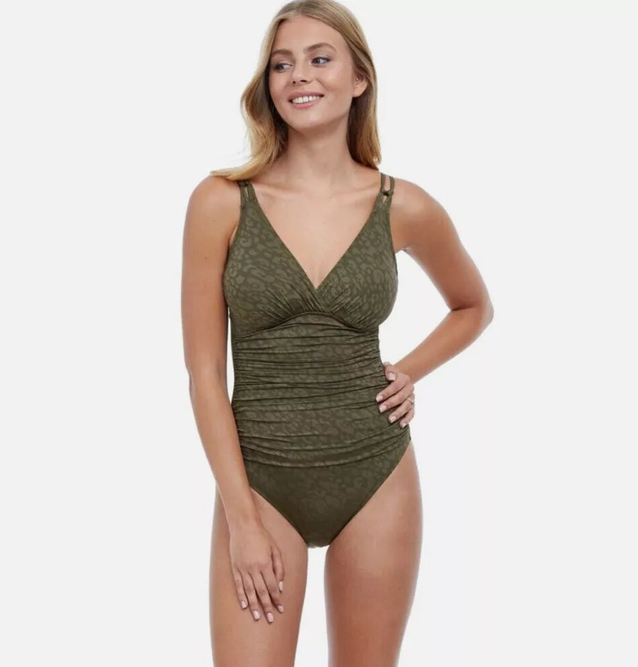 Profile by Gottex Luminous Safari V Neck One Piece Swimsuit  Color Olive Size 10