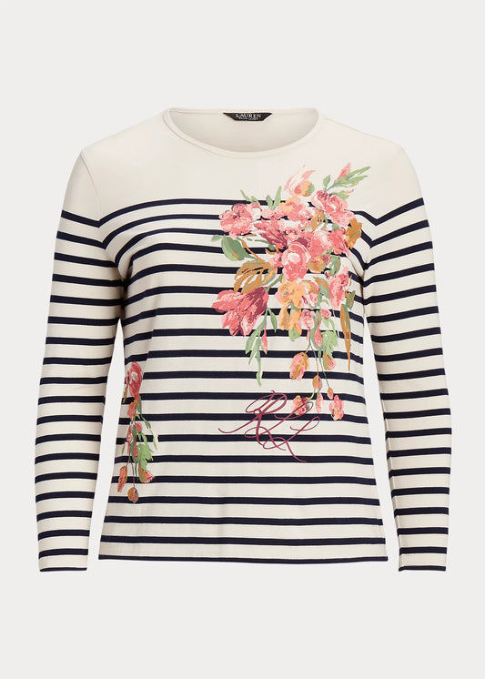 Lauren Ralph Lauren Women's Floral & Striped Jersey Long-Sleeve Tee  Color Ivory Size 2X