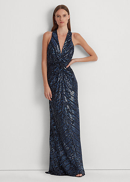 Lauren Ralph Lauren Women's Beaded Sequined Twist-Front Halter Gown  Color Lauren Navy Size 12