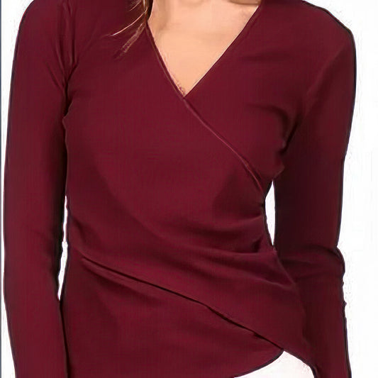 Michael Kors Women's Ribbed Faux-Wrap Top  Color Burgundy Size L