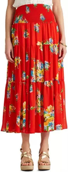 Lauren Ralph Lauren Women's Plus Size Tiered Midi Skirt  Color Bright Hibiscus Multi Size 2X