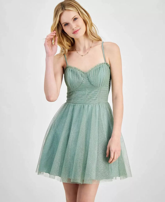 City Studios Juniors Glitter-Tulle Cocktail Party Dress  Color Sage/Silver Size 13/14