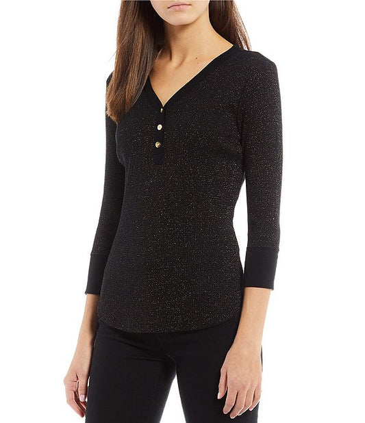 Lauren Ralph Lauren Waffle Knit Henley Neck 3/4 Sleeve Top  Color Polo Black Size XL