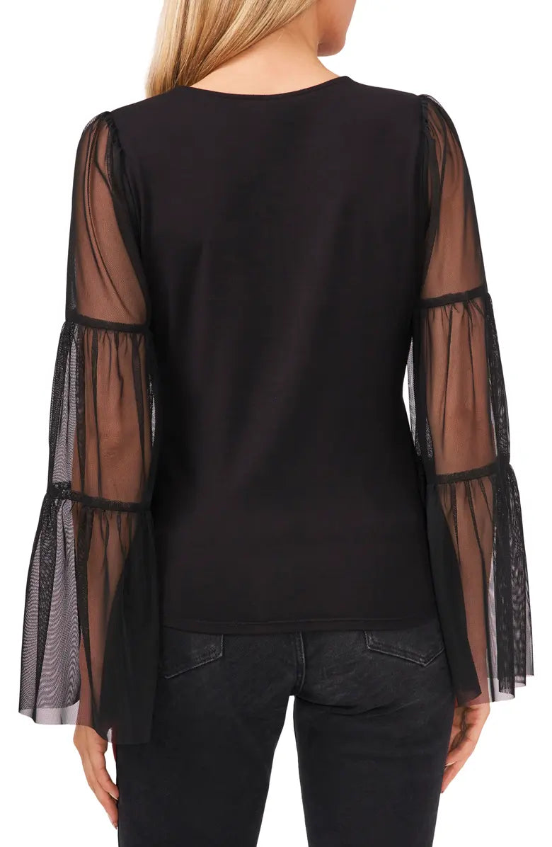 Vince Camuto Women's Mixed-Media Tiered-Sleeve Top  Color Rich Black Size XS