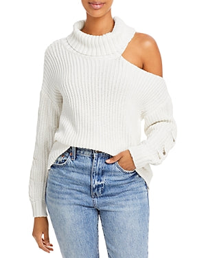 AQUA Cotton Cutout Turtleneck Sweater  Color White Size S