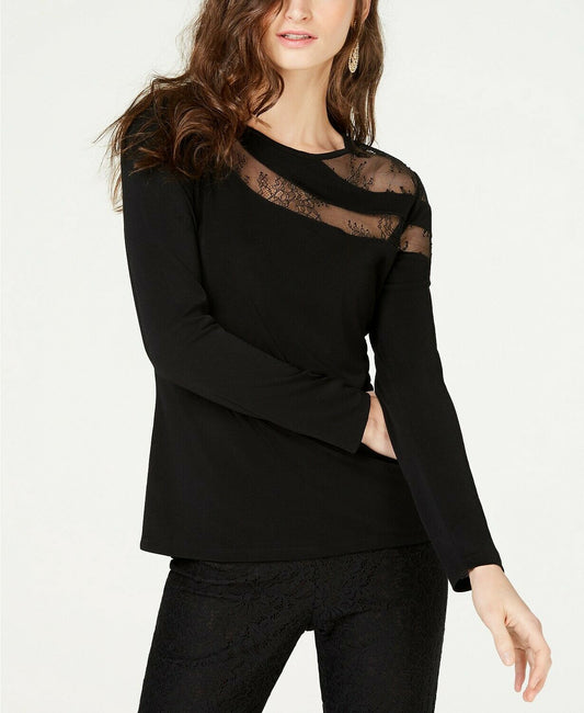 INC International Concepts Women's Long-Sleeve Illusion-Lace Top  Color Deep Black Size L