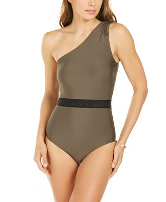 DKNY Belted One-Shoulder Tummy-Control One-Piece Swimsuit Size 10