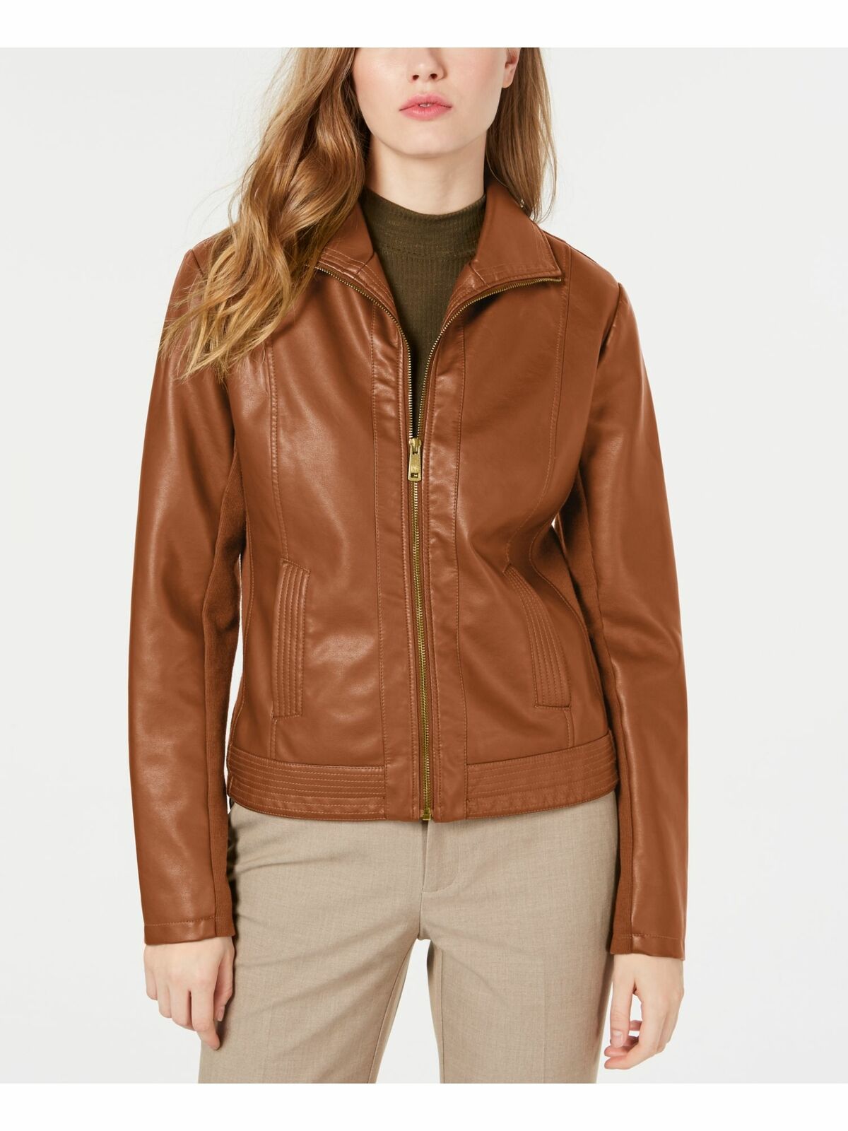 KENNETH COLE Womens Brown Faux Leather Zip Up Jacket 17LWU679  Size 2X