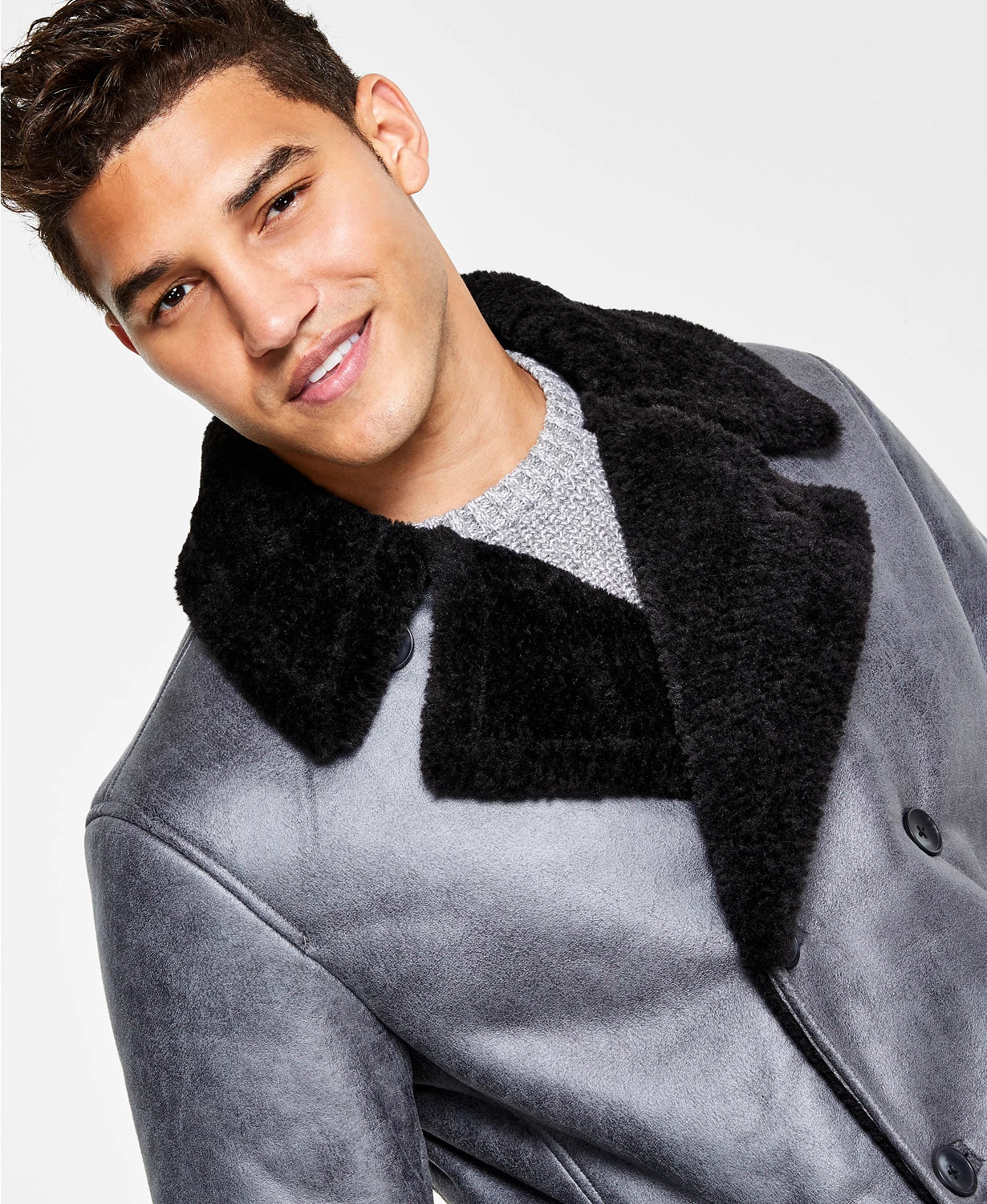 INC International Concepts Men's Faux-Fur-Trim Faux-Leather Coat  Color Gray Size S