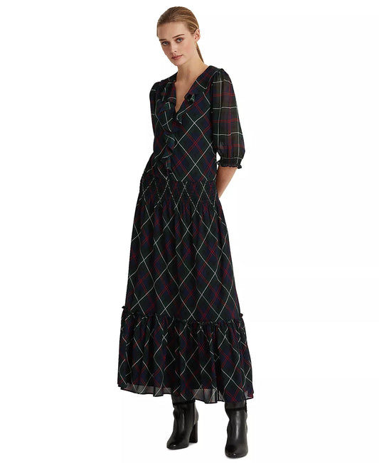 Lauren Ralph Lauren Plaid Georgette Ruffle Midi Dress  Color Polo Black Multi Size 2