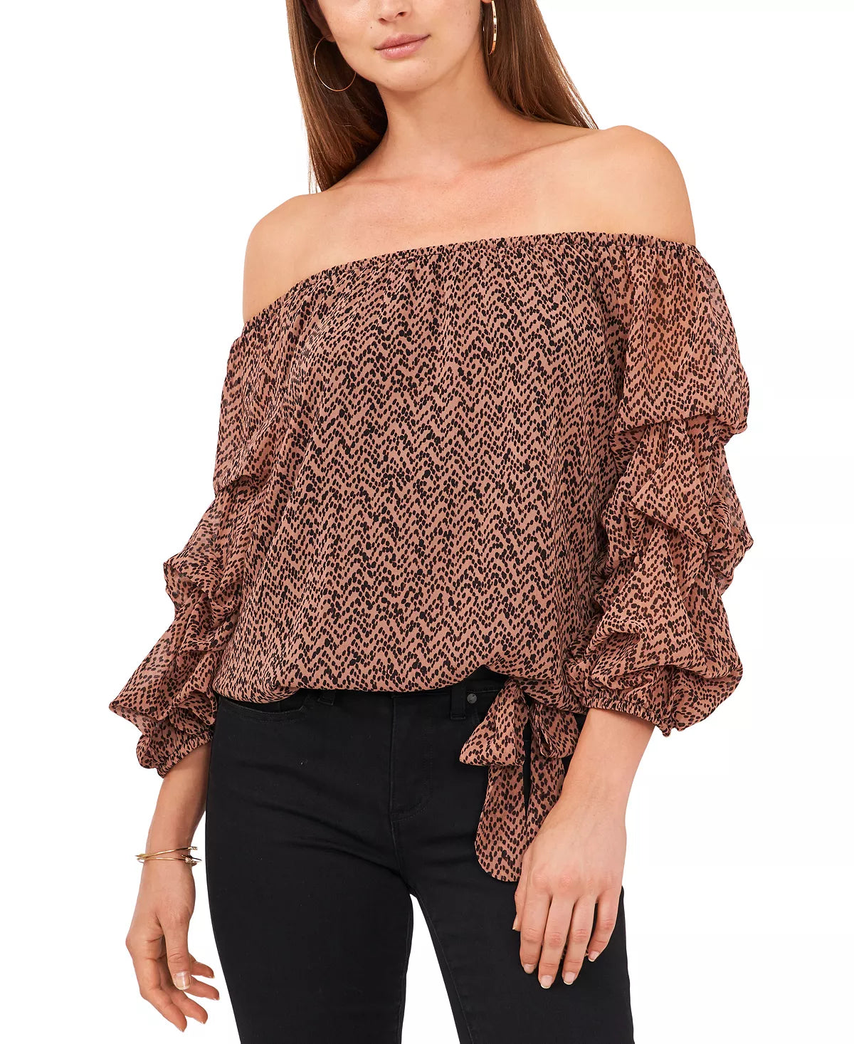 Vince Camuto Printed Off-The-Shoulder Balloon Sleeve Blouse  Color Brown/Black Size XL