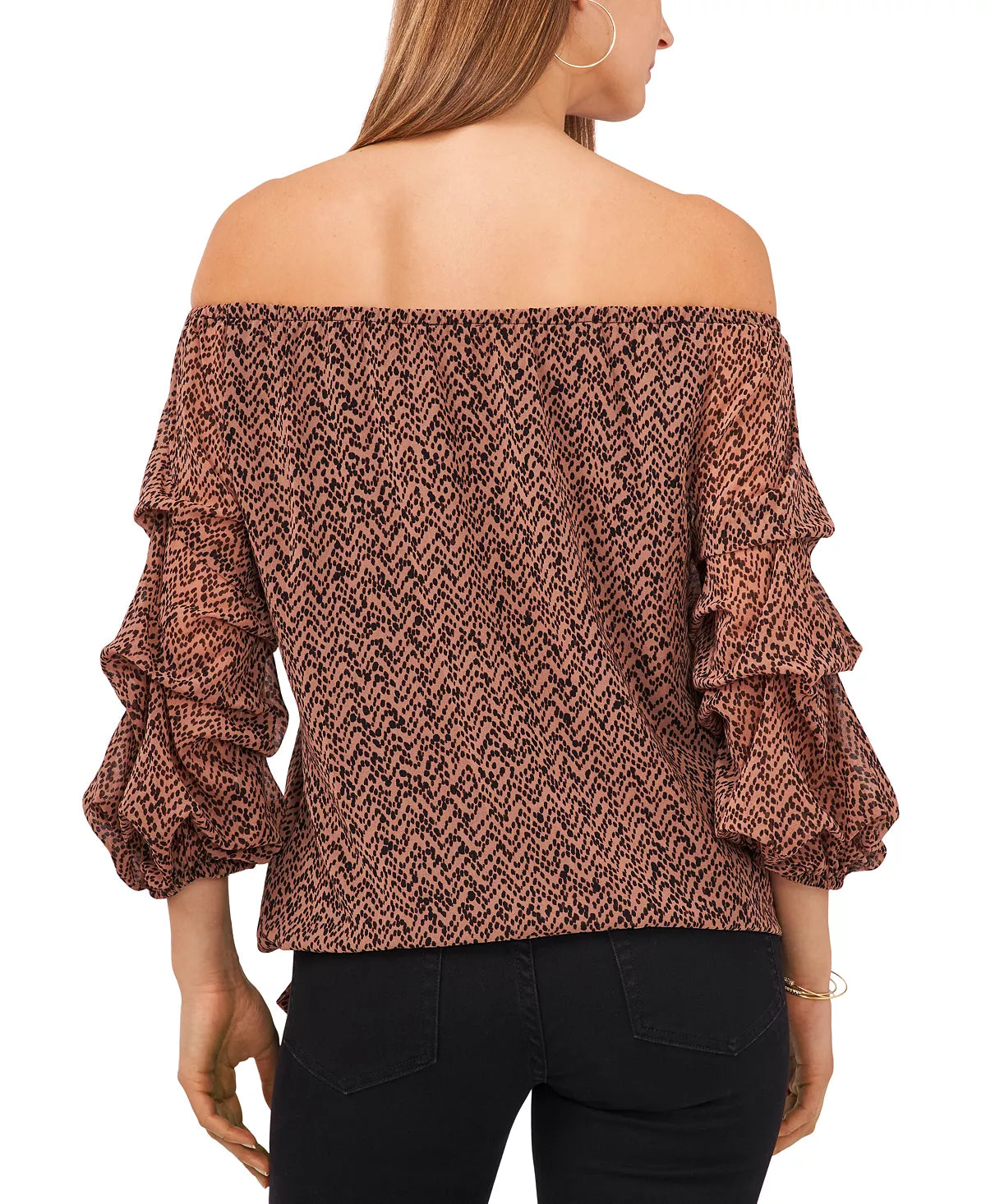 Vince Camuto Printed Off-The-Shoulder Balloon Sleeve Blouse  Color Brown/Black Size XL