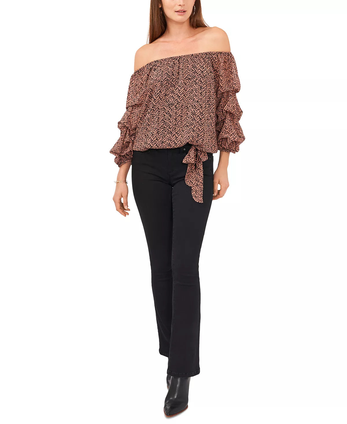 Vince Camuto Printed Off-The-Shoulder Balloon Sleeve Blouse  Color Brown/Black Size XL