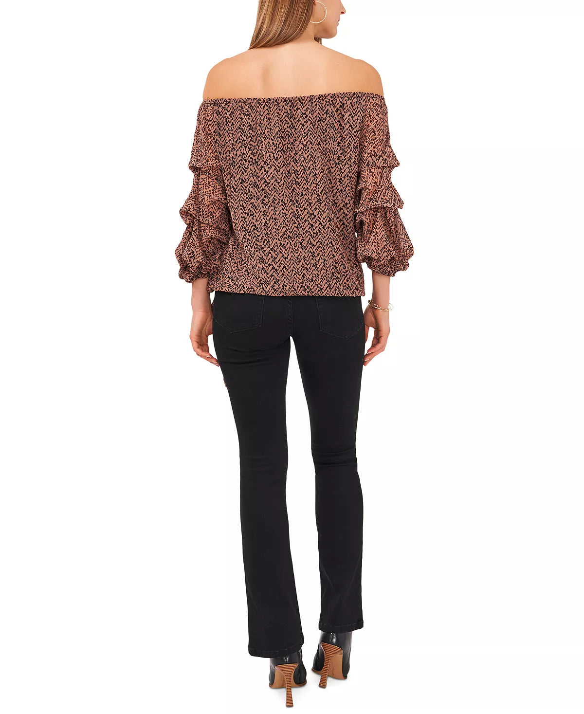 Vince Camuto Printed Off-The-Shoulder Balloon Sleeve Blouse  Color Brown/Black Size XL