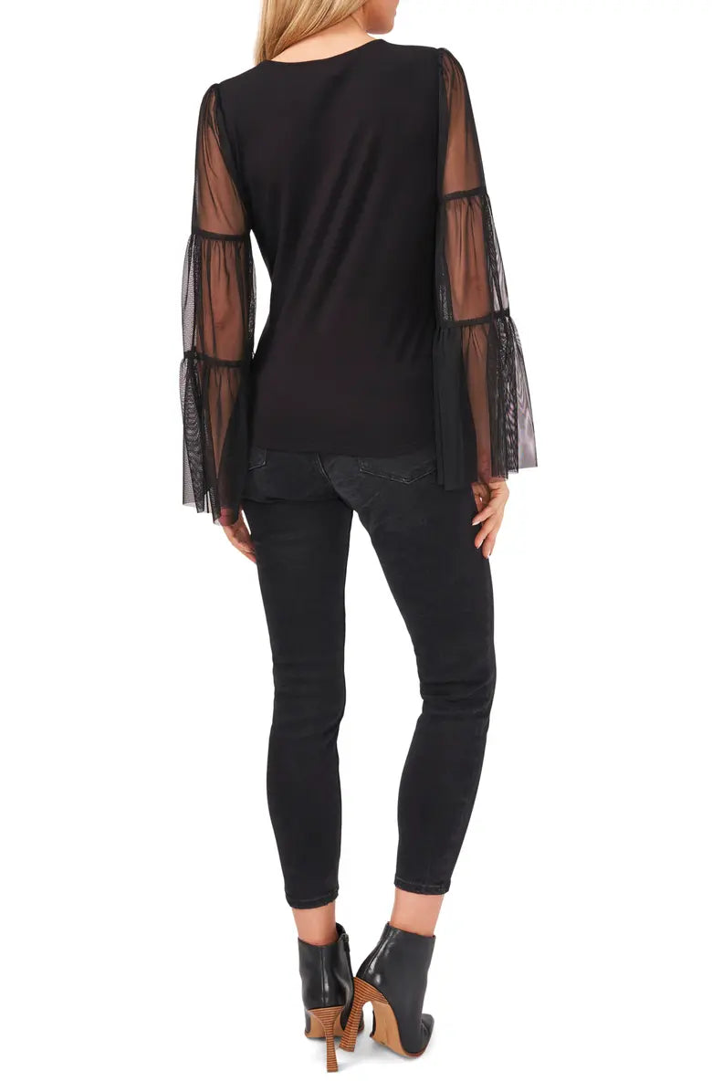 Vince Camuto Women's Mixed-Media Tiered-Sleeve Top  Color Rich Black Size XS