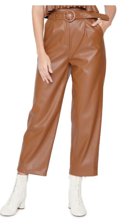 LOST+WANDER Set the Scene Belted Wide Leg Faux Leather Pants  Color Tan Size L