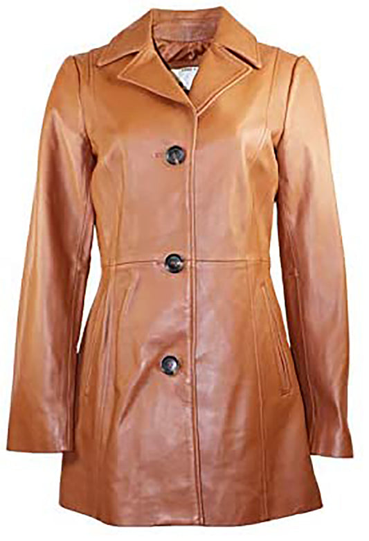 Anne Klein Women's 3 Button Notch Collar Walker Leather Coat  Cognac Size XL