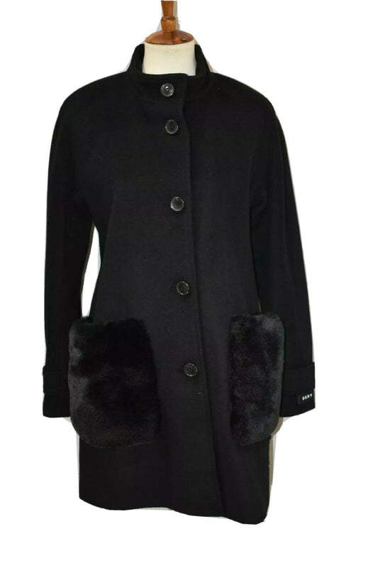 DKNY Women’s Petites Faux-Fur-Pocket Walker Coat  Color Black Size PS