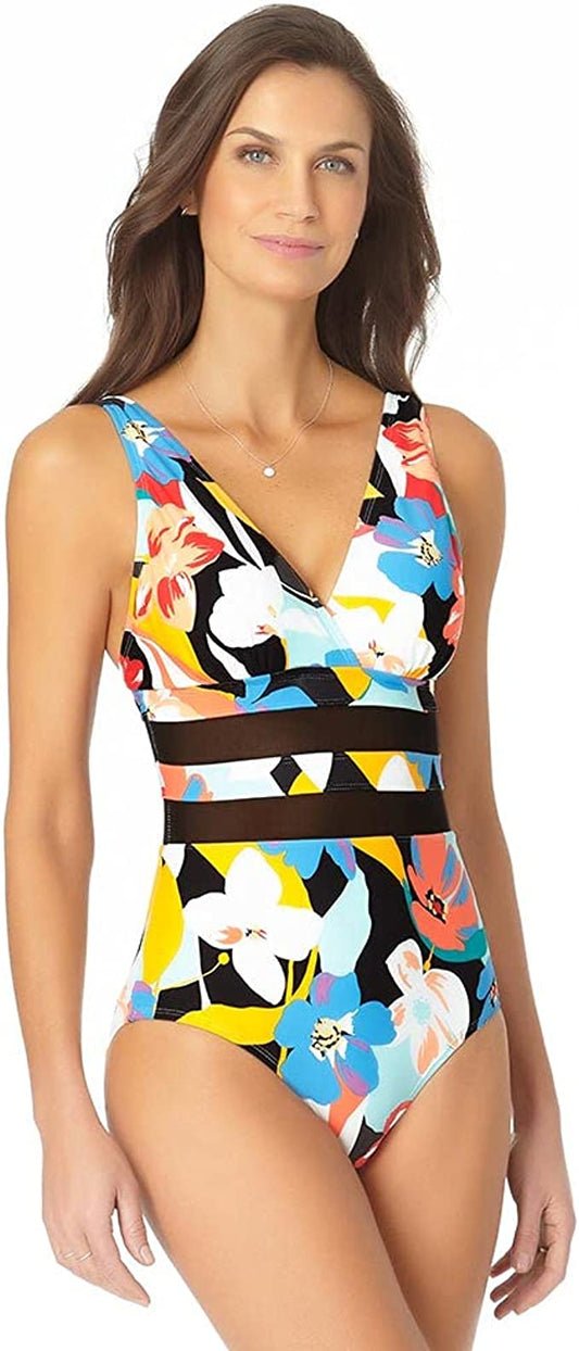 Anne Cole Modern Blooms Mesh Insert Over The Shoulder Triangle One-Piece  Multicolor Size 10