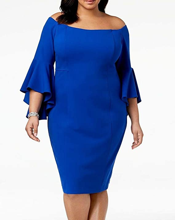 R&M Richards Women's Plus Off-The-Shoulder Bell Sleeves Cocktail Dress  Color Royal Size 16W