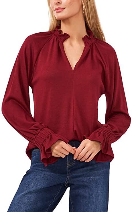 Vince Camuto Women's Split-Neck Smocked Falred Sleeve Sweater  Color Earth Red Size S