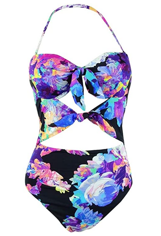 Bar III Tech Floral Printed Tie-Front High Leg One-Piece Swimsuit  Size S