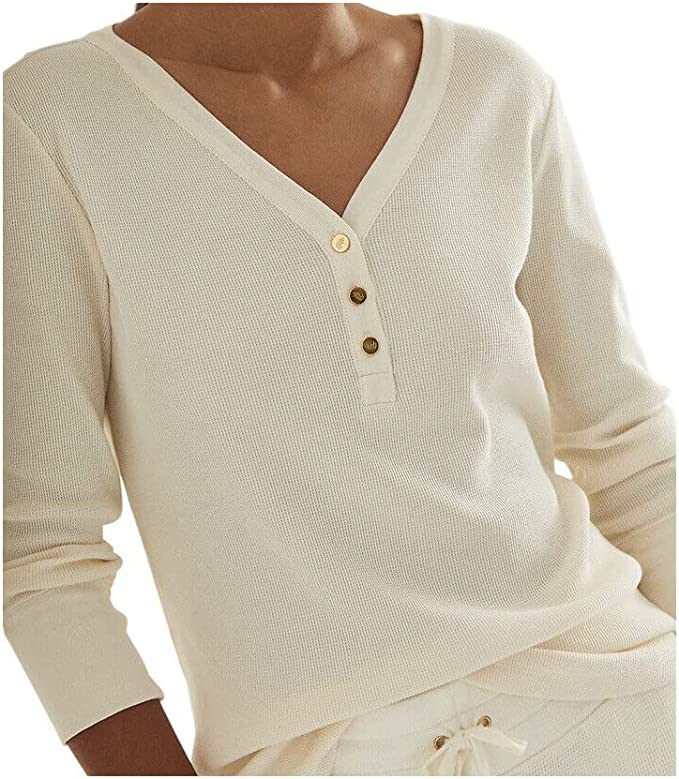 Lauren Ralph Lauren Waffle-Knit Henley Top  Color Mascarpone Cream Size S