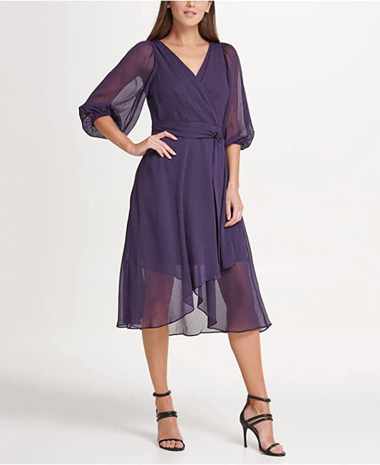 DKNY Women's Chiffon Balloon Sleeve V-Neck Midi Party Dress Color Raisin Size 4