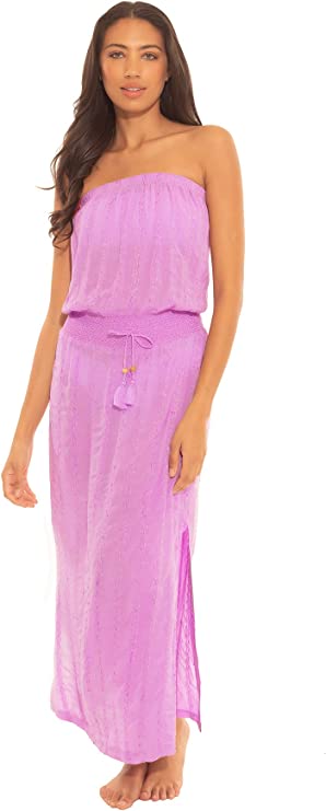 Soluna Women's Wovens Strapless Smocked Maxi Swim Cover Up  Color Lilac Size S