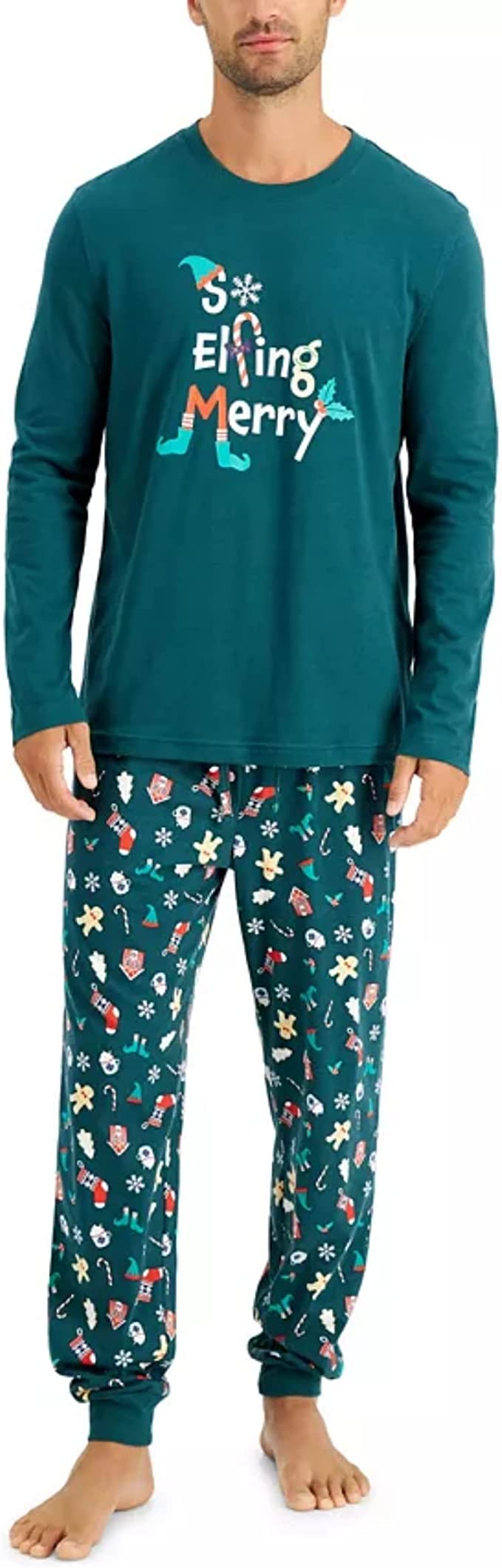 Family Pajamas Men's So Elfing Merry Christmas PJ Set  Color Green Size L