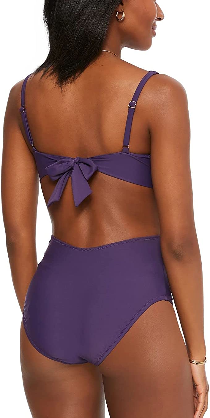 BAR III Women's Ring Removable Cups Deep V Neck Monokini Swimsuit  Color Purple Size M