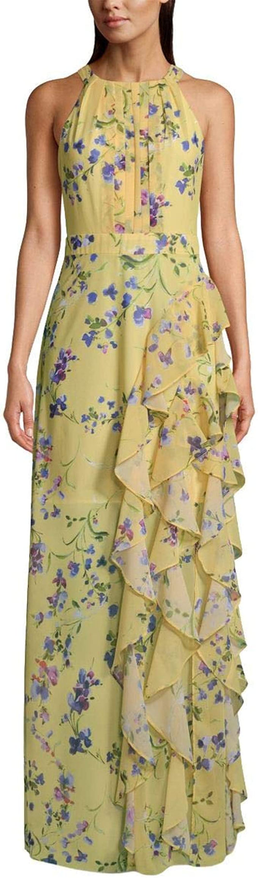 BETSY & ADAM Women's Petite Floral-print Ruffle Gown Dress  Color Yellow Size 2P