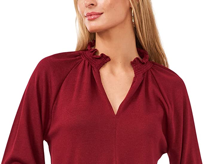 Vince Camuto Women's Split-Neck Smocked Falred Sleeve Sweater  Color Earth Red Size S