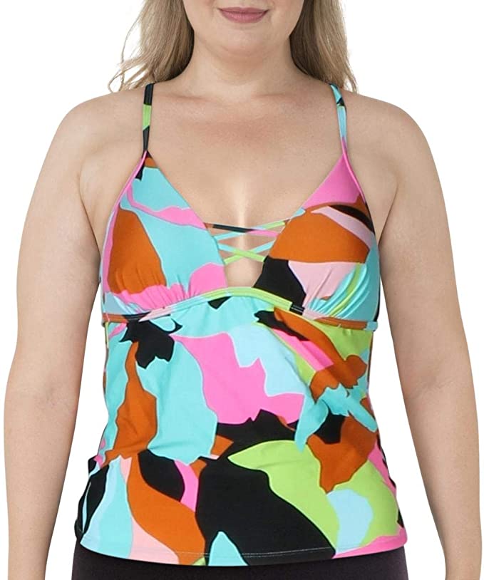 Hula Honey Womens Juniors V-Neck Printed Tankini Swim Top