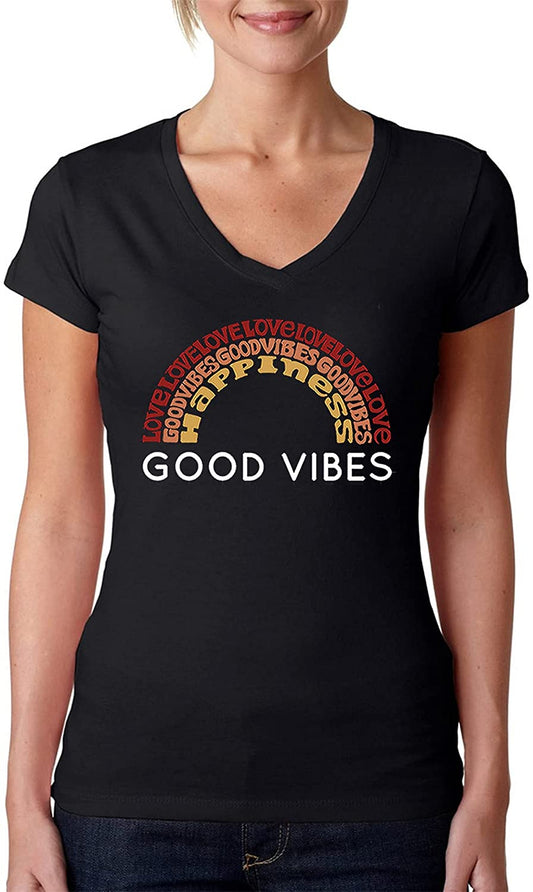 LA POP ART Women's Word Art V-Neck T-Shirt - Good Vibes  Color: Black Size M