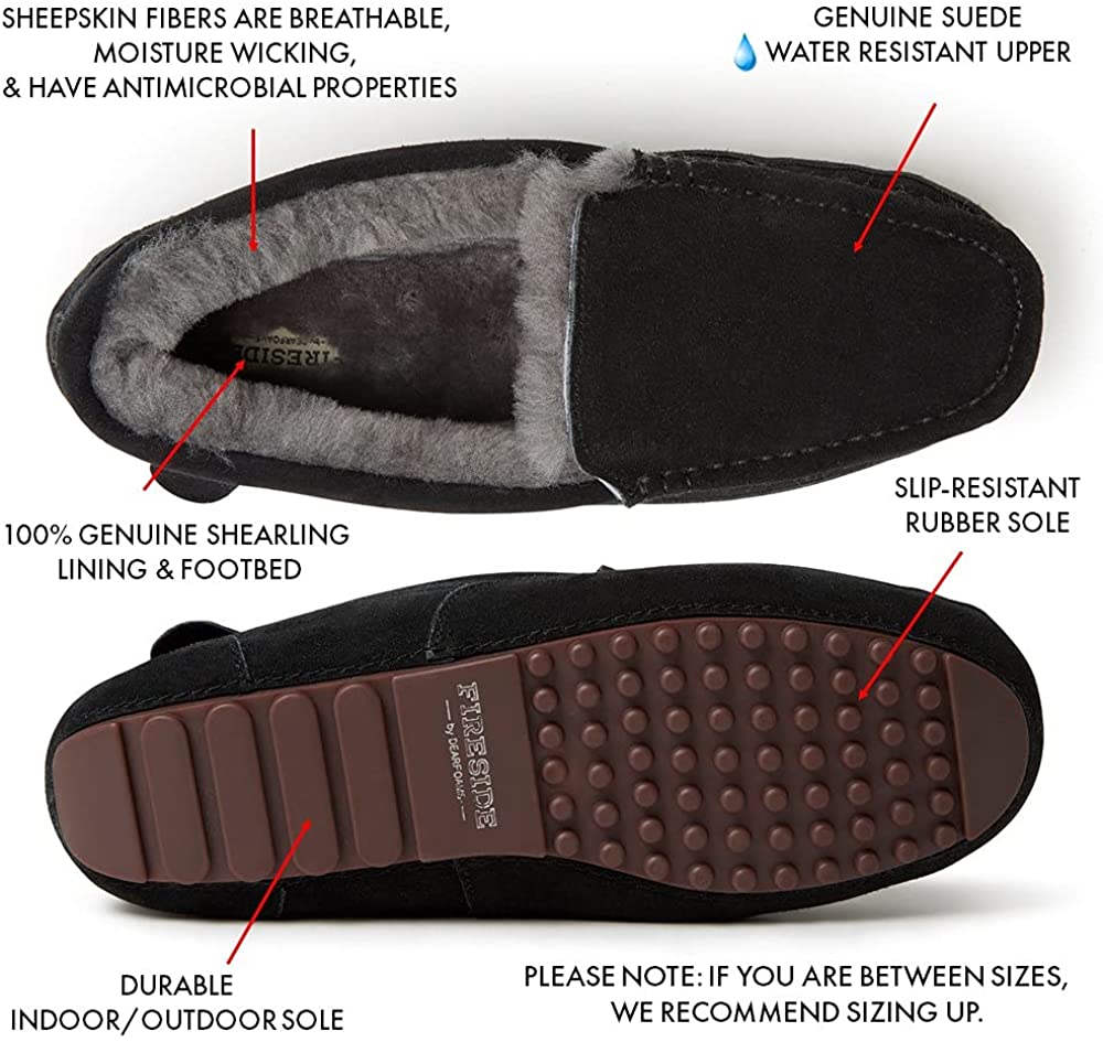 Fireside by Dearfoams Men's Melbourne Shearling Water Resistant Moccasin Slipper   Color: Black Size 10M