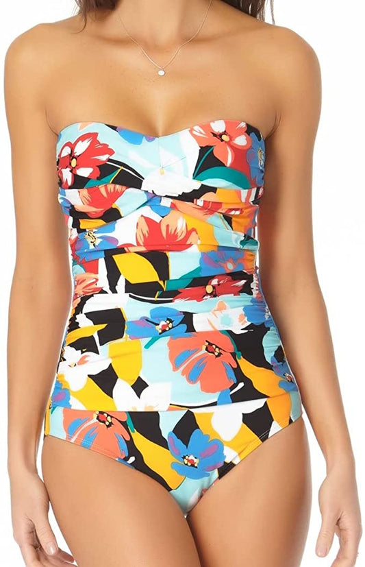 Anne Cole Modern Blooms Twist Front Shirred Bandeau ONE Piece  Multicolor Size 12