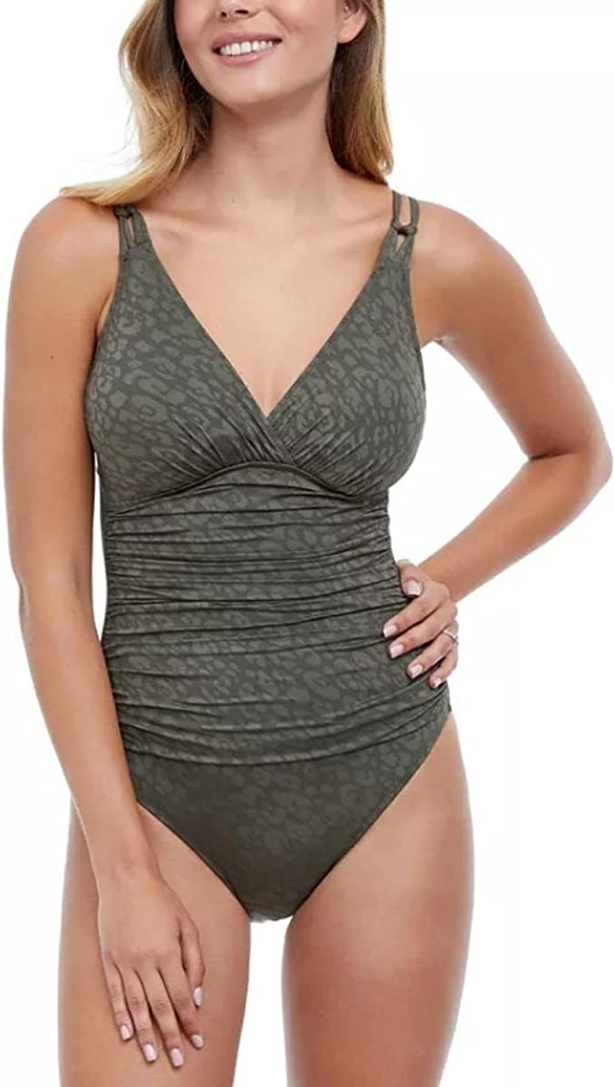 Profile by Gottex Luminous Safari V Neck One Piece Swimsuit  Color Olive Size 10