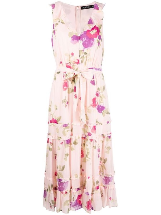 Lauren Ralph Lauren Floral Crinkled Georgette Dress  Color Pink/Sage Multi Size 8