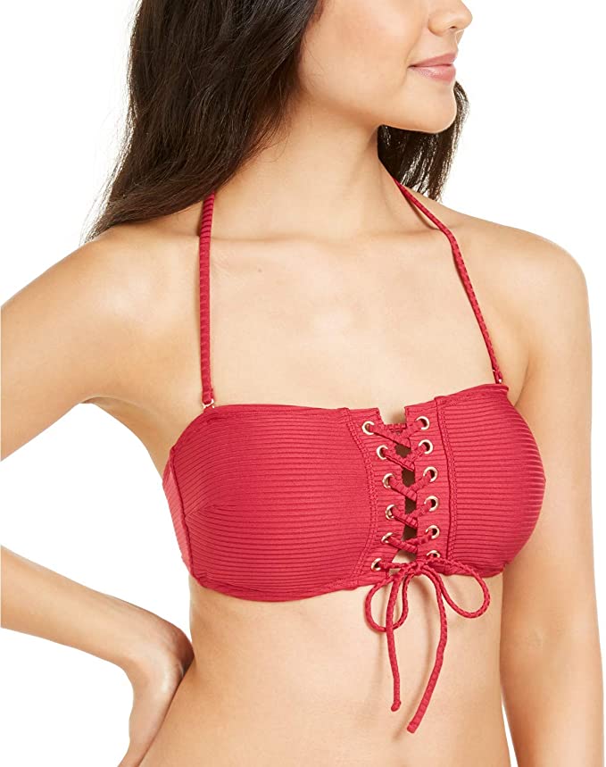 Hula Honey Women's Juniors Rhythm Bandeau Lace-Up Swim Top Separates  Size L