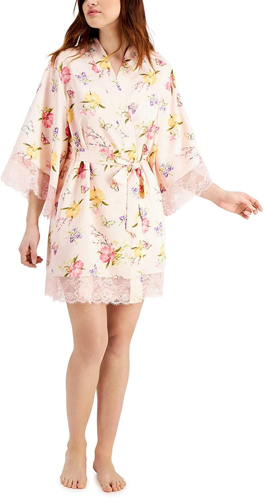 INC International Concepts Womens Lace Trim Floral Short Wrap Robe  Size: Medium Color: Butterfly Flora