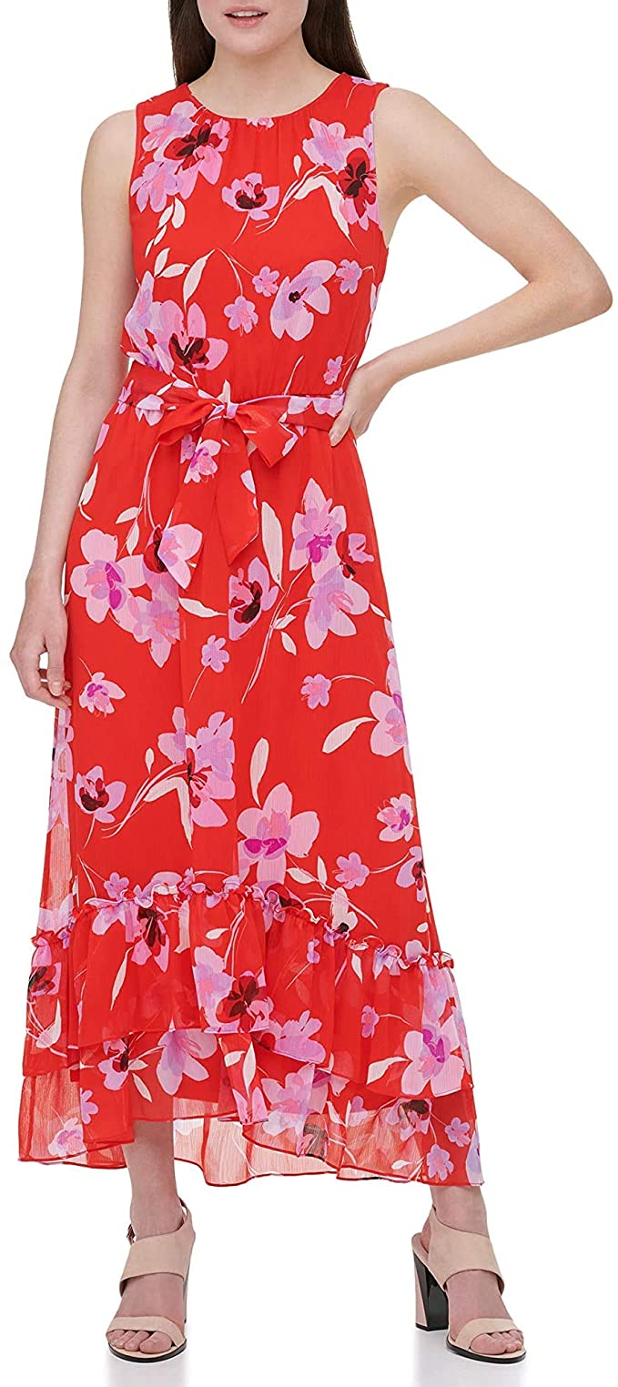 Calvin Klein Sleeveless Printed Dress w/Belt and Ruffles  Color Watermelon Wisteria Multi Size L