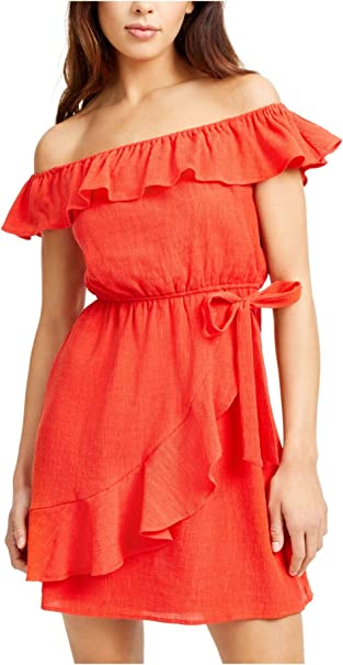 City Studios Juniors Off-The-Shoulder Ruffle Dress   Color Coral Size XL