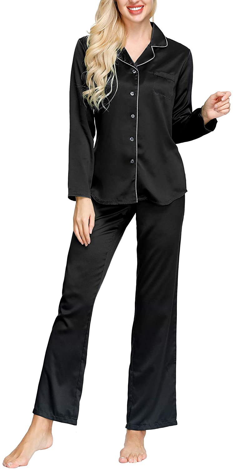 INK+IVY Women's Standard Satin Long Sleeve Button Top & Trouser Pajama Set  Color: Black Size L