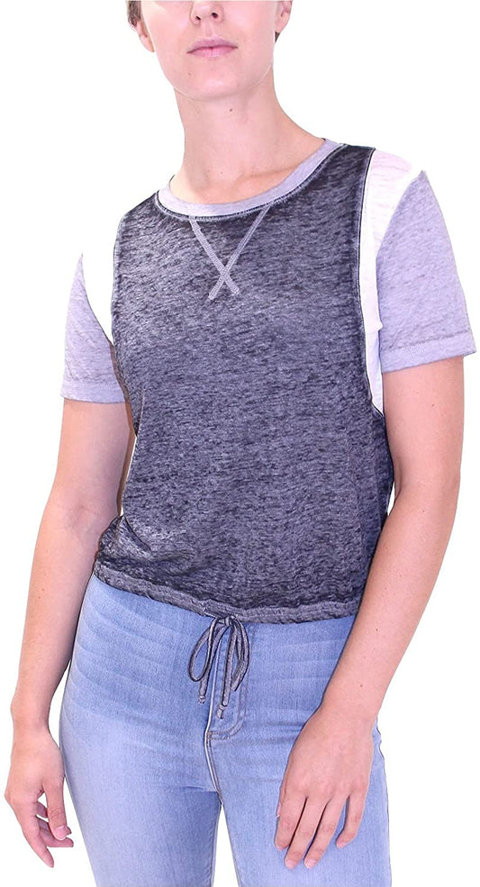 CRAVE FAME Juniors' Tie-Waist Burn-Out Top   Color Charcoal Combo  Size L